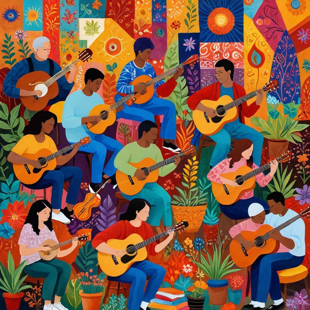 A vibrant collage of diverse people engaged in various hobbies like painting, knitting, gardening, and playing musical instruments, each in their unique environment that reflects their culture. The background features colorful abstract patterns symbolizing creativity and community connection. Soft, warm lighting creates an inviting atmosphere. super-realistic. vibrant colors.