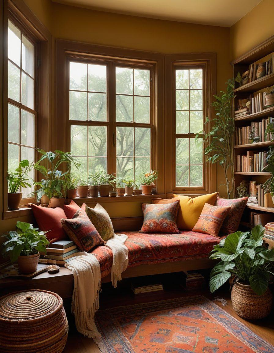 A cozy, inviting reading nook featuring diverse characters from various cultures, sharing their stories with one another. The scene should include an array of colorful books from around the world, with cultural artifacts subtly displayed. Warm lighting creates a welcoming atmosphere, emphasizing unity and connection among different traditions. Add elements of nature outside a window to symbolize growth and openness. vibrant colors. super-realistic.