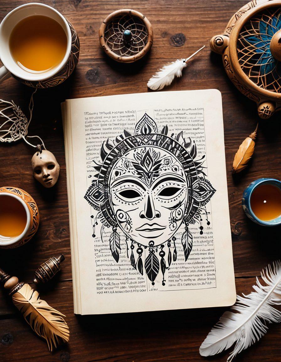 A colorful, open journal lying on a wooden table, surrounded by multicultural artifacts such as an African mask, a Japanese tea set, and a Native American dreamcatcher. Vibrant sketches of diverse people sharing stories in a circle are visible on the pages of the journal, symbolizing connections across cultures. Soft natural light casts gentle shadows, enhancing the warm and inviting atmosphere. watercolor. vibrant colors. soft focus.